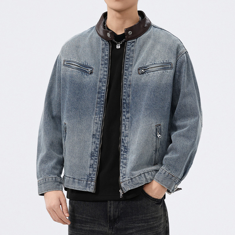 Men'S Fashion Leather Jacket - Chaqueta vaquera de hombre con cuello