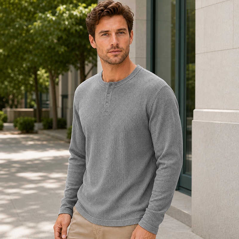 Men'S Fashion Color - Camisa Henley de manga larga de