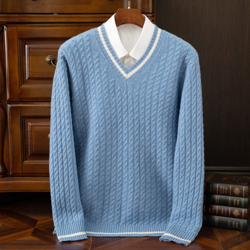Men'S Fashion V Neck Sweater - Suéter de cachemira 100% pura para